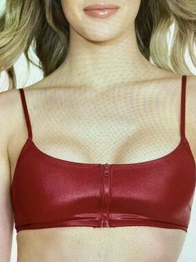 Courtney Red Front-Zip Matte Wetlook Bralette OS Petite